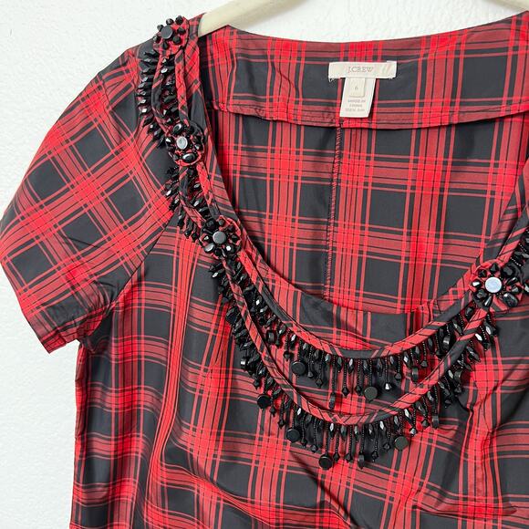 [J. Crew] Red Black Buffalo Plaid Eliza Jeweled Necklace Tartan Top Silk Size 6 - Picture 10 of 11